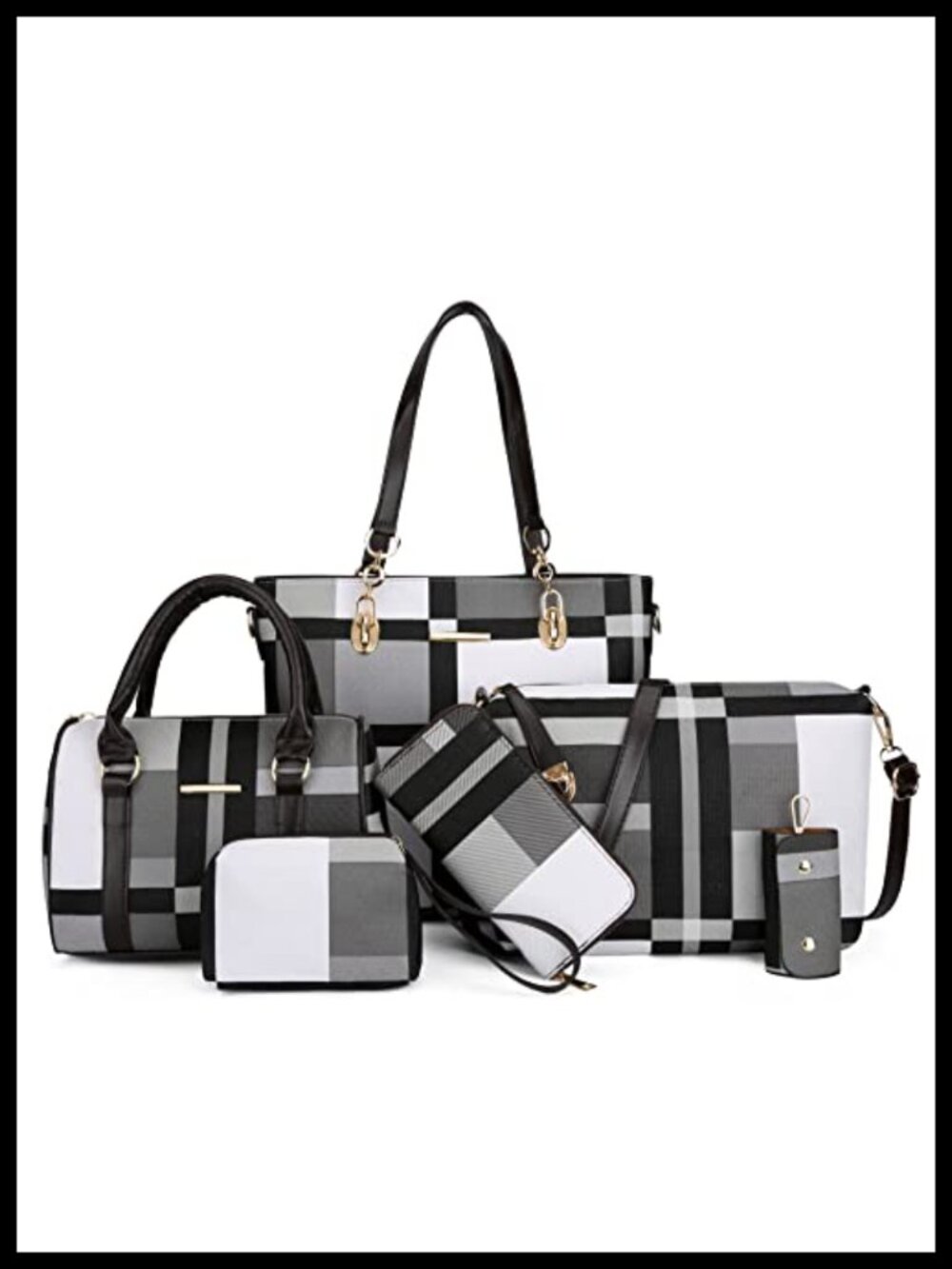 6 Piece Faux Leather Handbag Set Satchel Tote Shoulder Bag Clutch Purse for